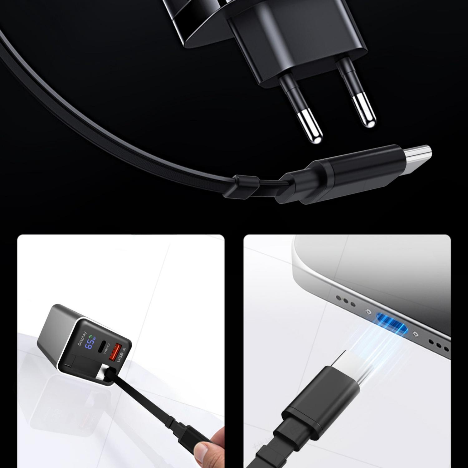 Ein schwarzes Ladegerät mit USB-C-Anschluss und ein Kabel, das in ein Smartphone gesteckt wird.