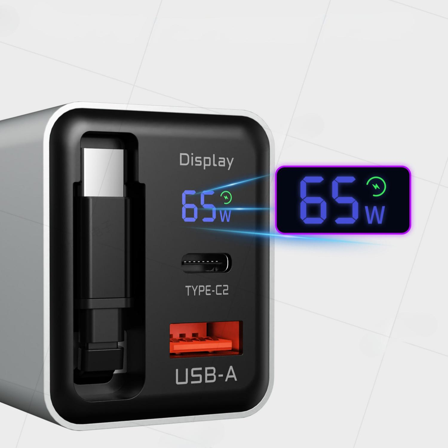 Ein schwarzer USB-C-Ladegerät mit 65W Anzeige und einem USB-A-Anschluss.