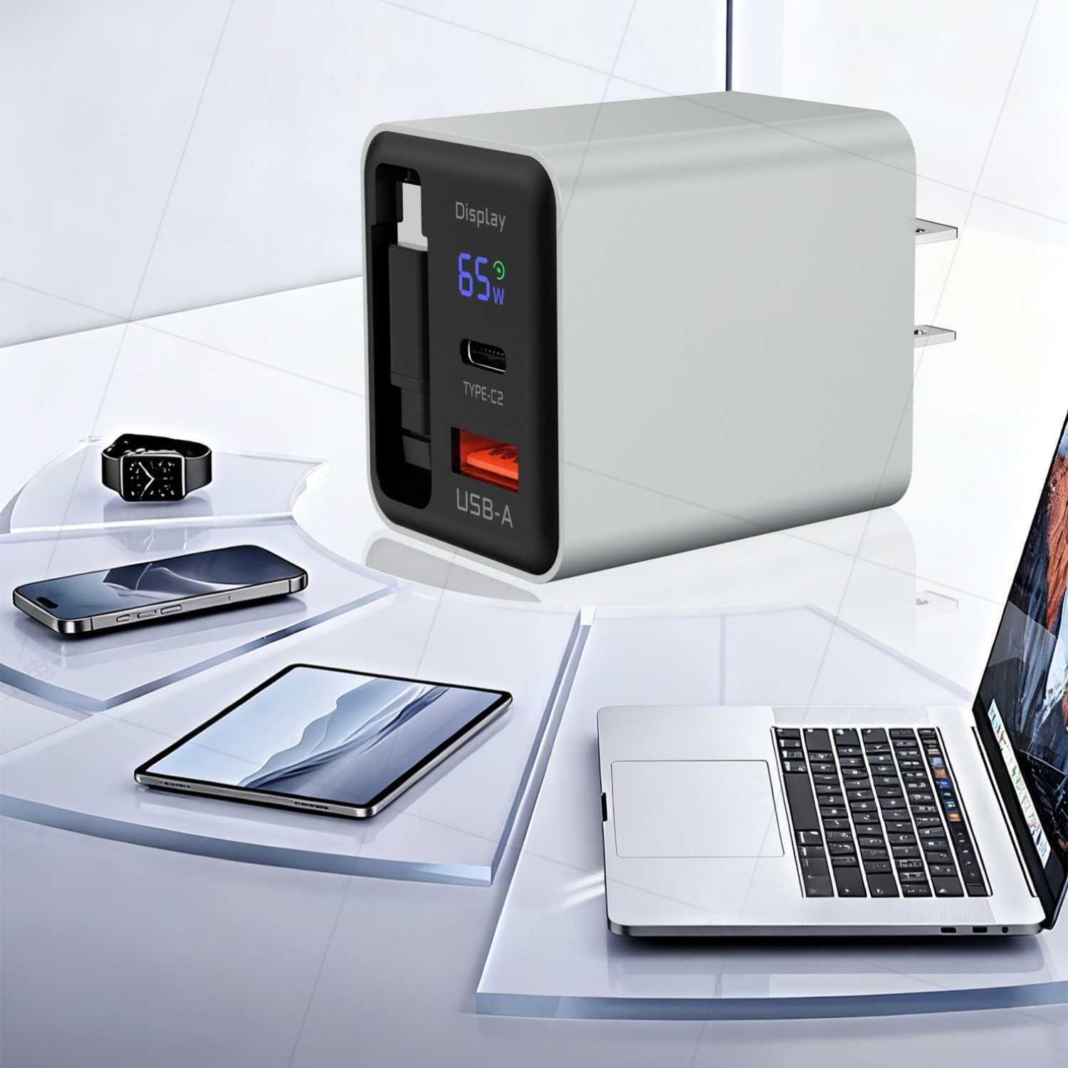 Ein weißes Ladegerät mit Digitalanzeige (65W), neben Laptop, Tablet, Smartphone und Uhr.