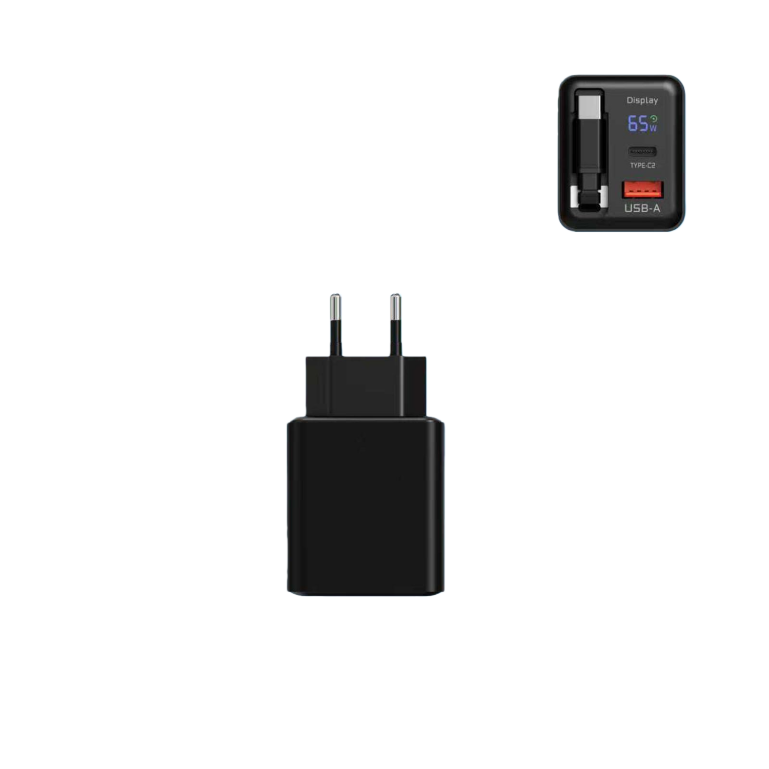 Ein schwarzer Netzadapter mit zwei USB-Anschlüssen und einem Display.