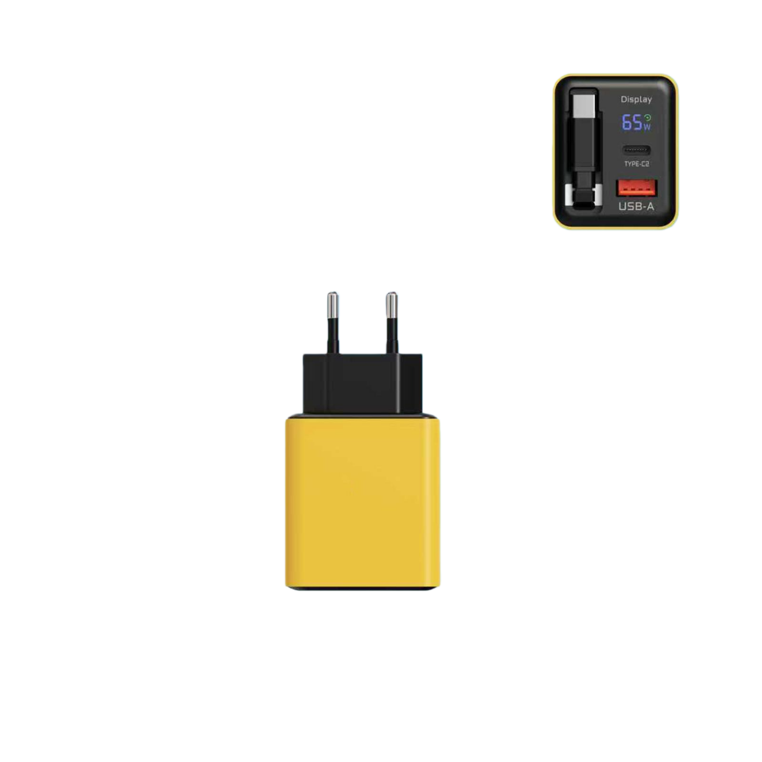 Ein gelber Ladestecker mit zwei Pins und einem separaten Netzteil mit Display.