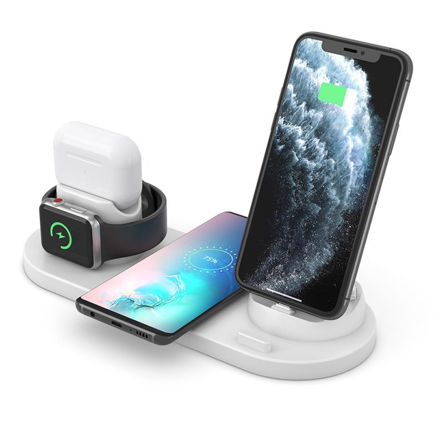 Ein weißes Ladegerät mit zwei Smartphones und einer Smartwatch mit Ladecase.