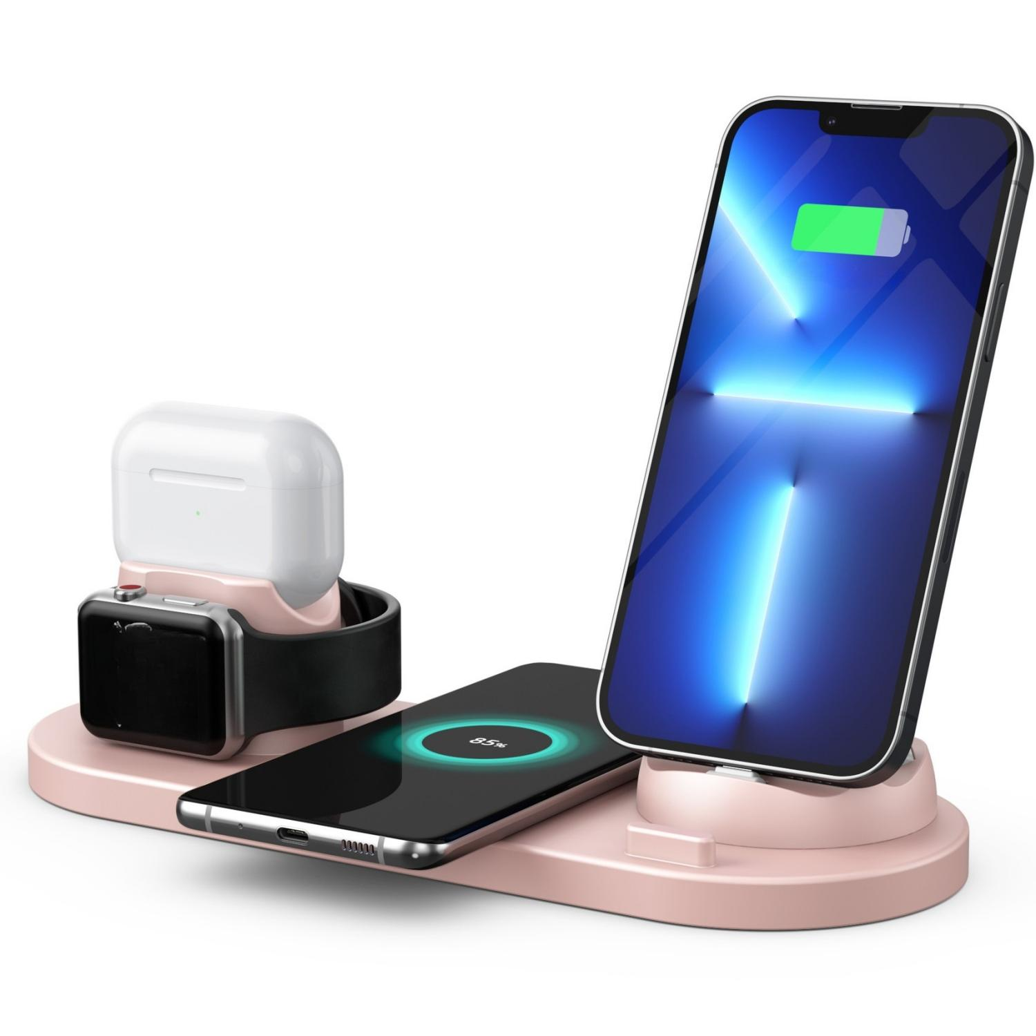 Ein roségoldenes Ladegerät hält Smartphone, Smartwatch und Kopfhörerhülle.