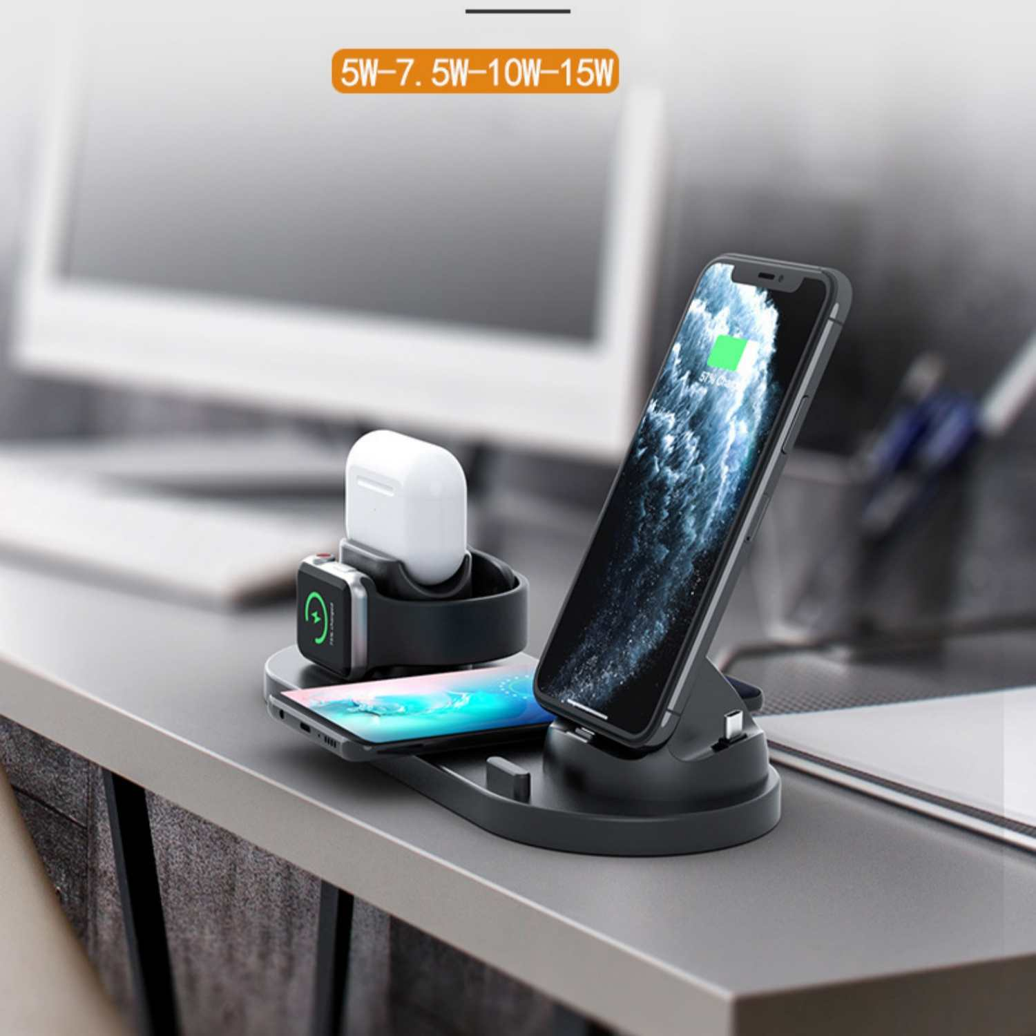 Ein schwarzes Ladegerät für iPhone, Apple Watch und AirPods.