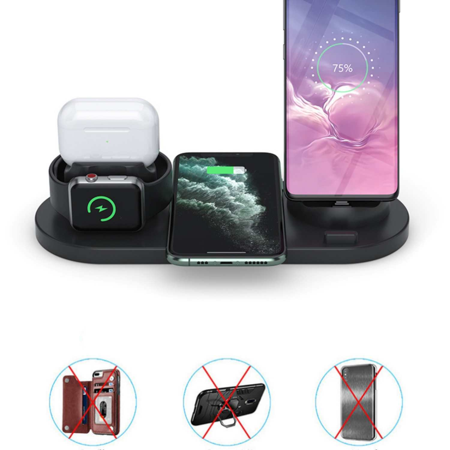 Ladestation für Handy, Uhr und Ohrhörer. Drei Telefone werden geladen.