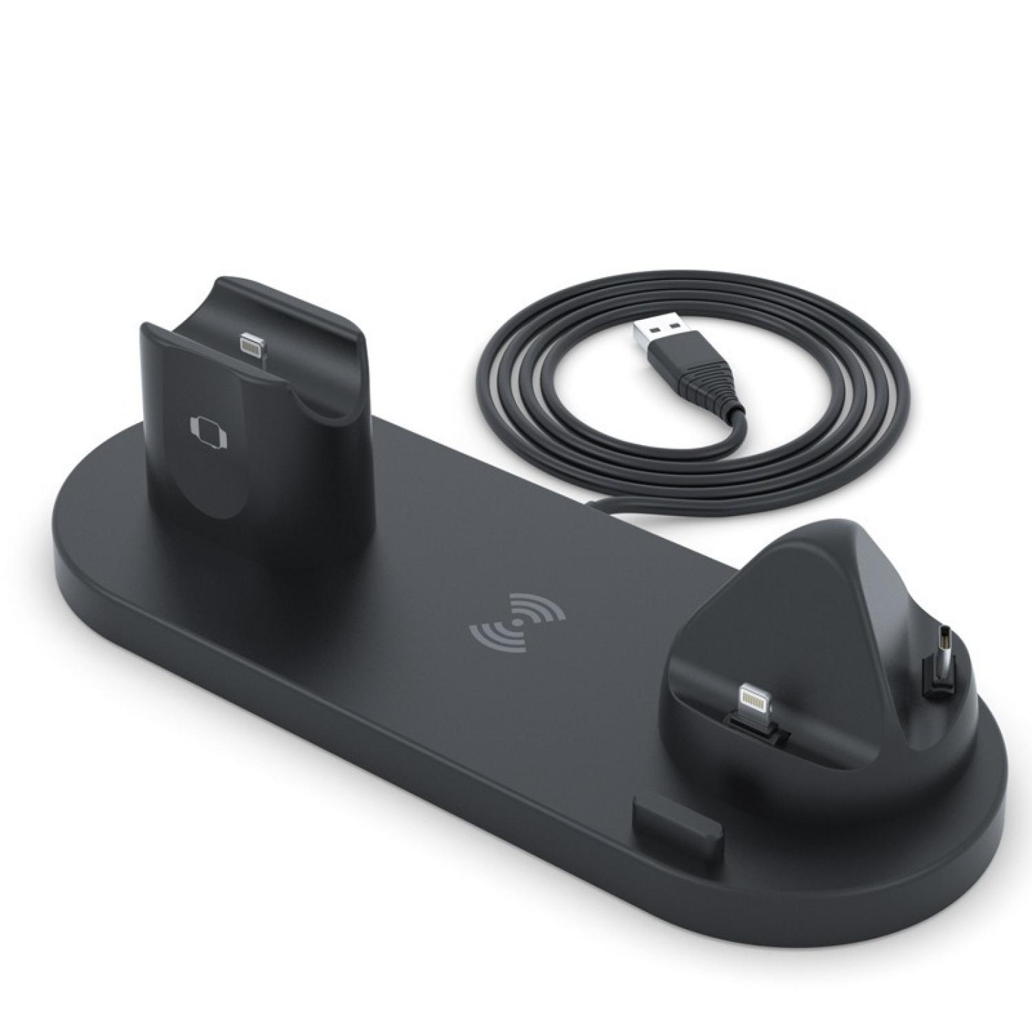 Schwarzes Ladegerät mit mehreren Anschlüssen und USB-Kabel.
