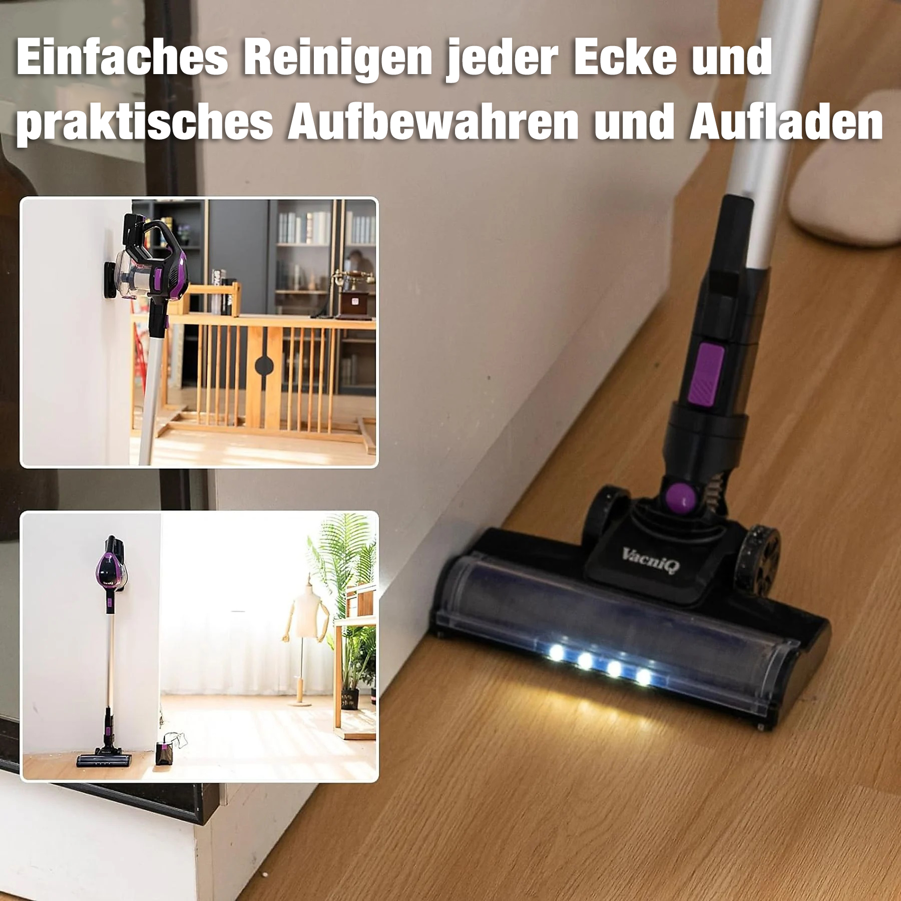 Ein violetter Handstaubsauger wird auf einem Holzboden verwendet, mit Lichtern an der Düse.