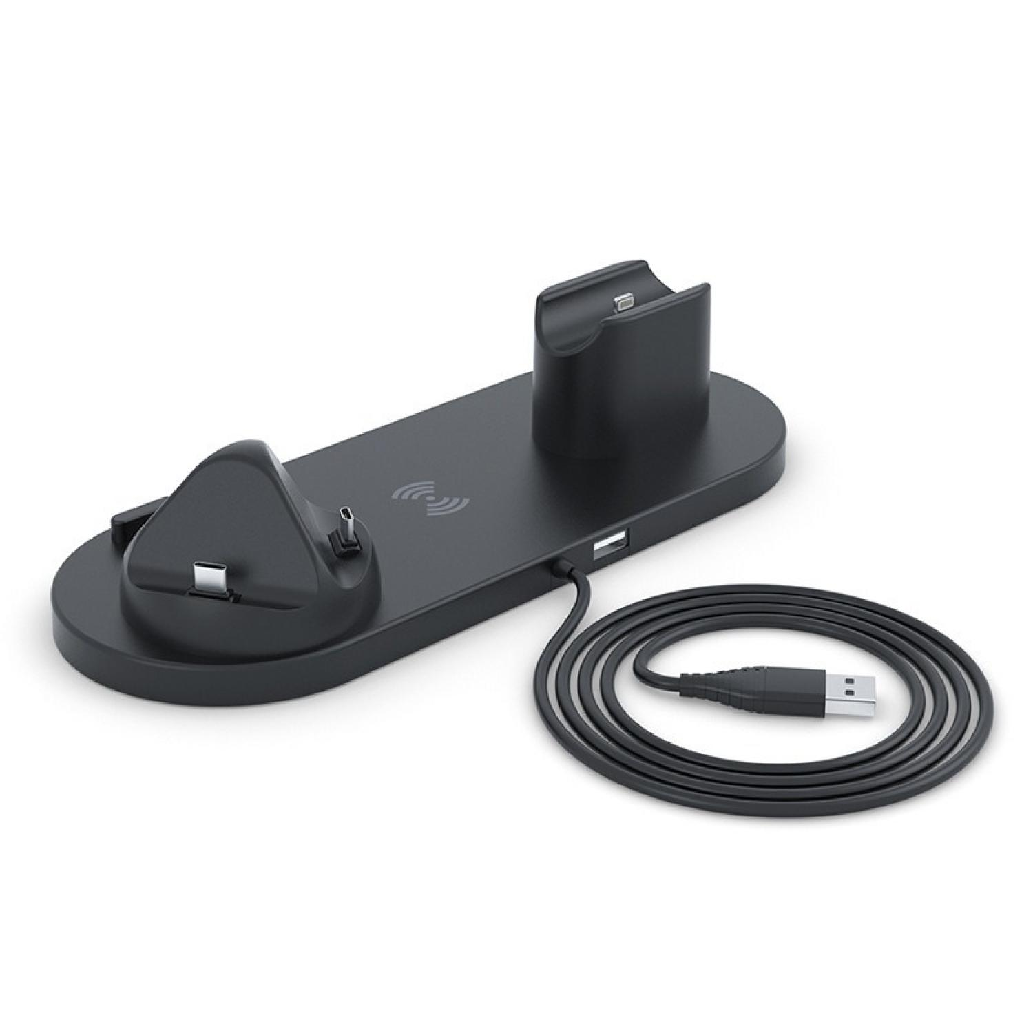 Schwarzer Ladeständer mit USB-Kabel und mehreren Ladeplätzen.