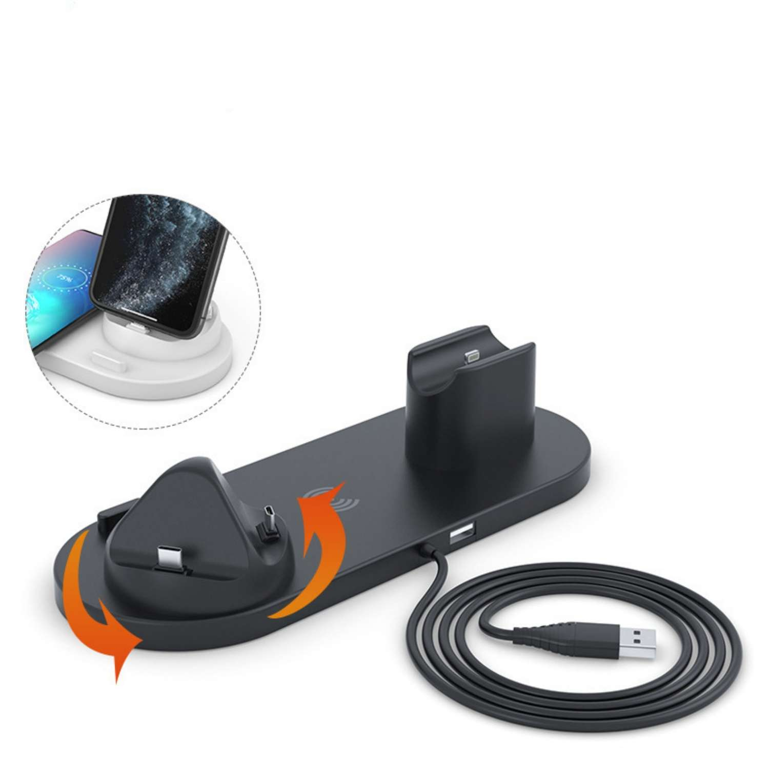 Ein schwarzes Ladegerät mit zwei Slots und einem USB-Kabel.
