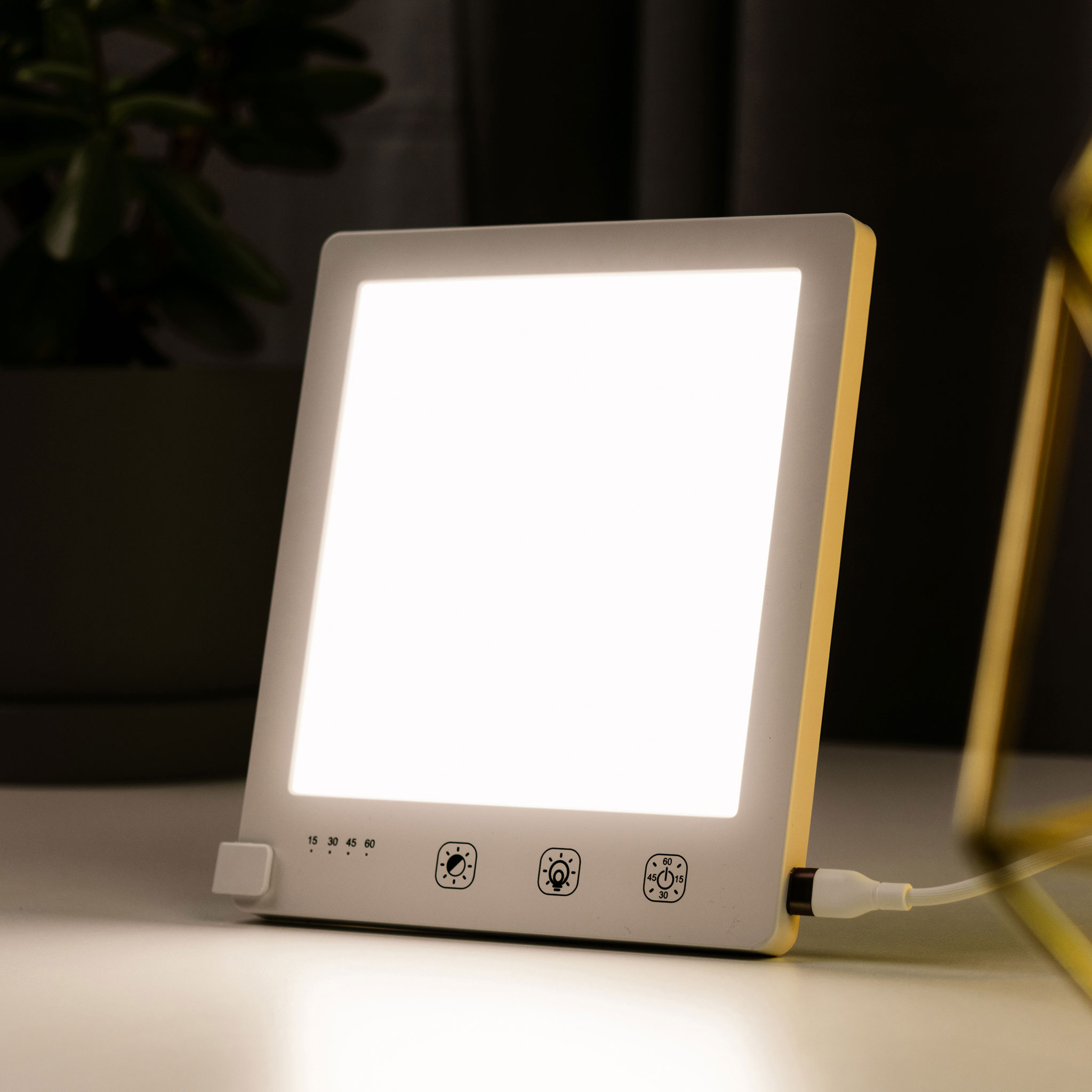 Ein helles Lichttherapiegerät steht auf einem Tisch, daneben eine Pflanze.