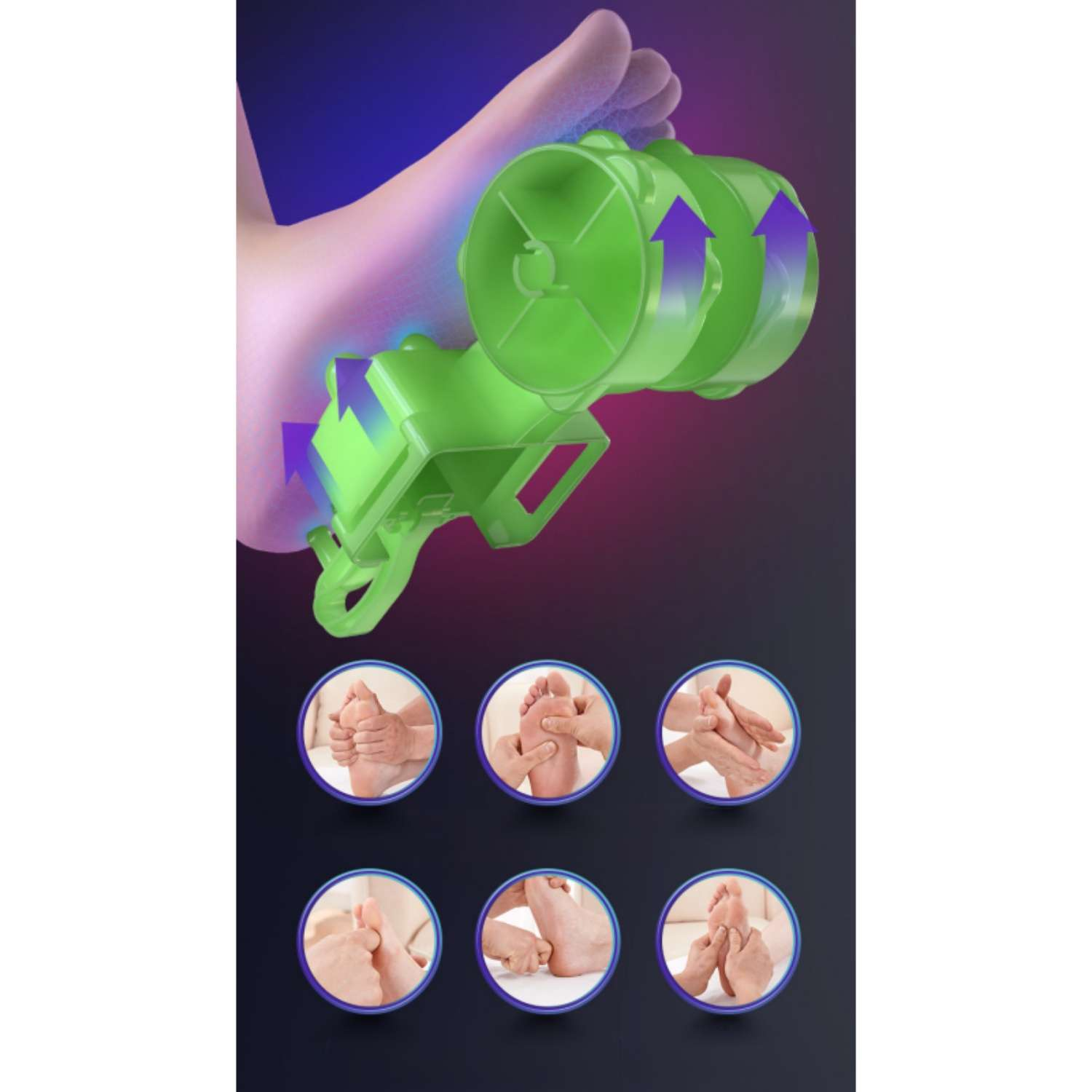 Grünes Fußmassagegerät mit Pfeilen, die die Bewegung zeigen. Kleine Bilder von Fußmassagen.