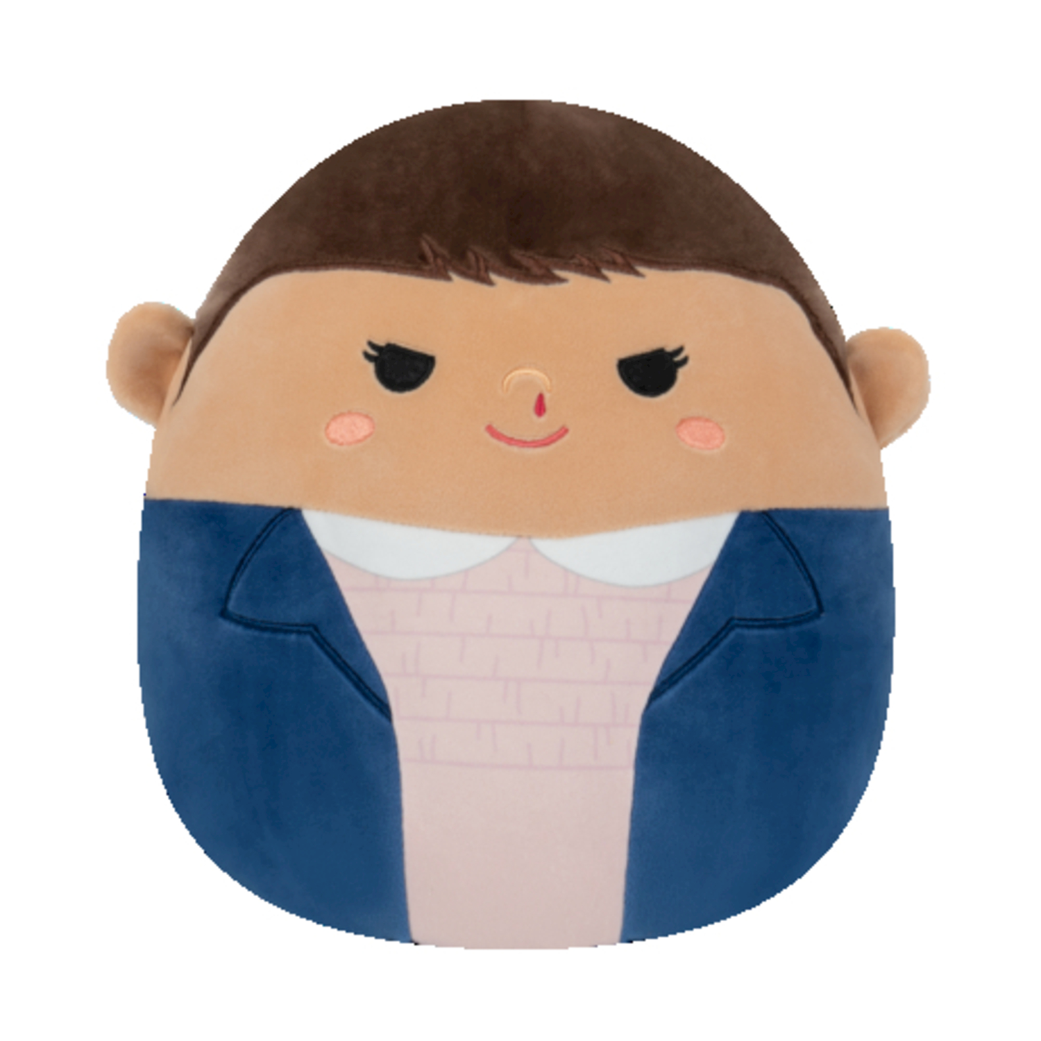 Uno squishmallow marrone con capelli castani, camicia rosa e giacca blu.