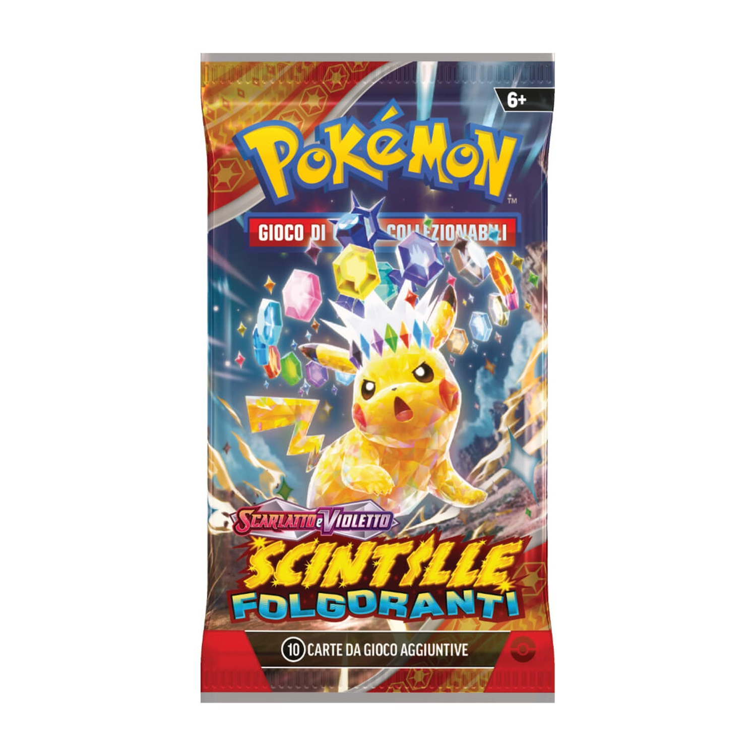 Pokemon Sammelkarten-Packung mit Pikachu und Edelsteinen, Altersempfehlung 6+.