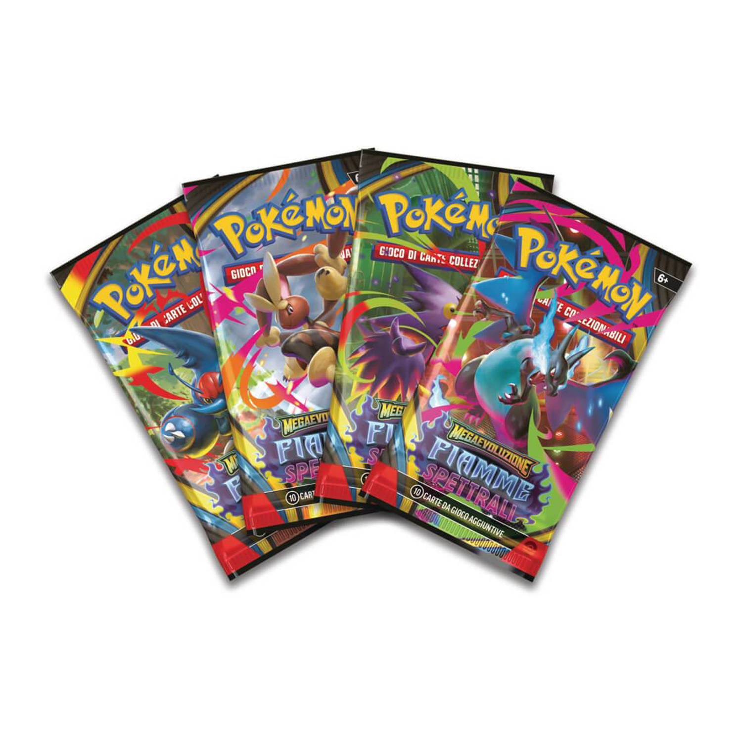 Quattro pacchi di carte collezionabili Pokémon con illustrazioni colorate.