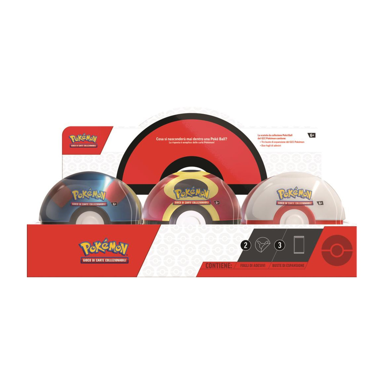 Drei Pokémon Pokébälle als Sammelspielzeug-Verpackungen, blau, rot, weiß.