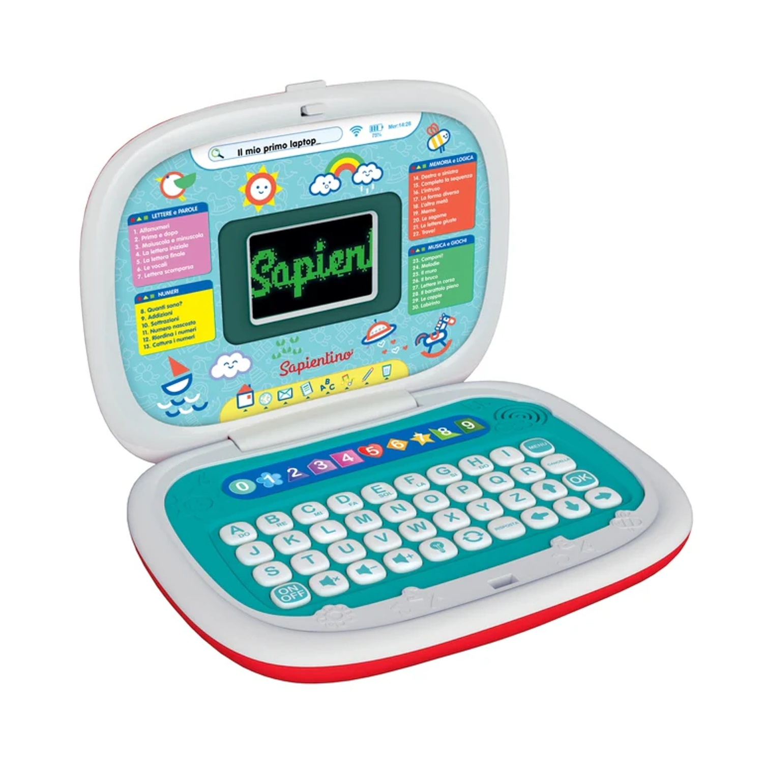 Un laptop bianco per bambini con icone e pulsanti colorati. Lo schermo mostra 'Sapien'.