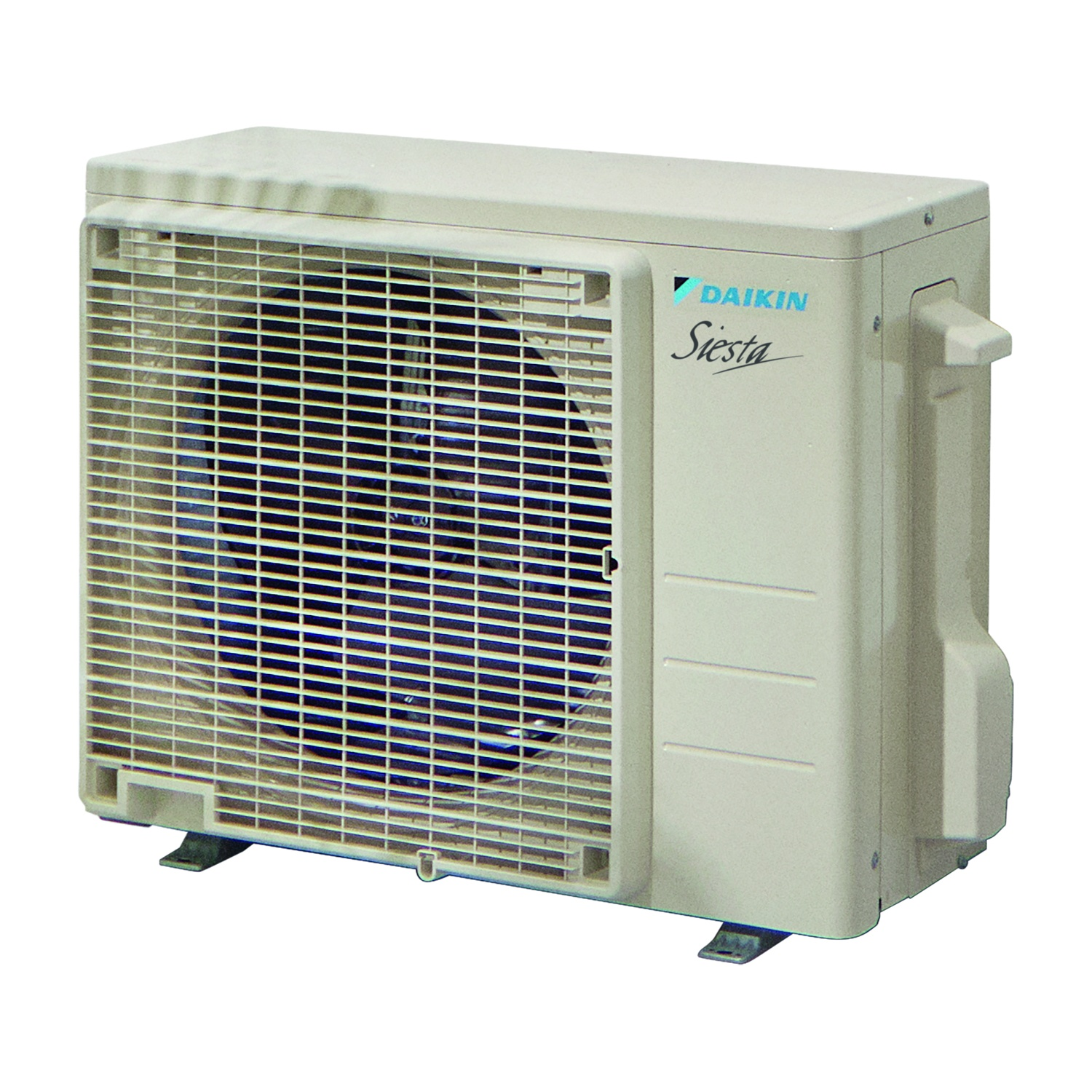 Beyaz arka planda bej renkli Daikin Siesta klima dış ünite.