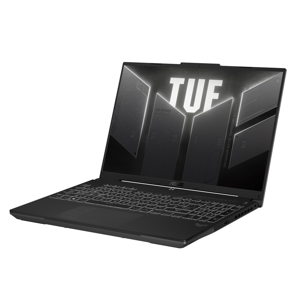 Siyah bir ASUS TUF oyuncu dizüstü bilgisayarı yandan görünüyor, ekranında TUF logosu var.