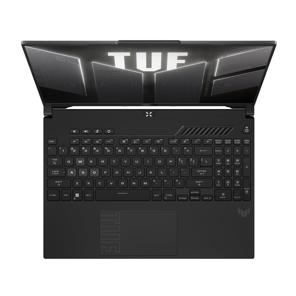 Açık ekranlı siyah dizüstü bilgisayar, "TUF" logosunu gösteriyor.