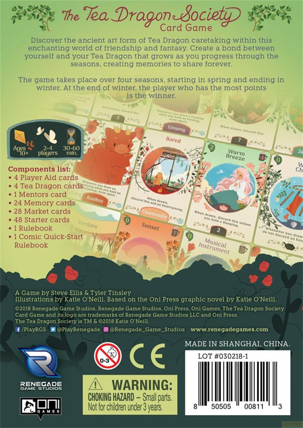 Retro della scatola del gioco 'The Tea Dragon Society', con elenco componenti e avvertenze.