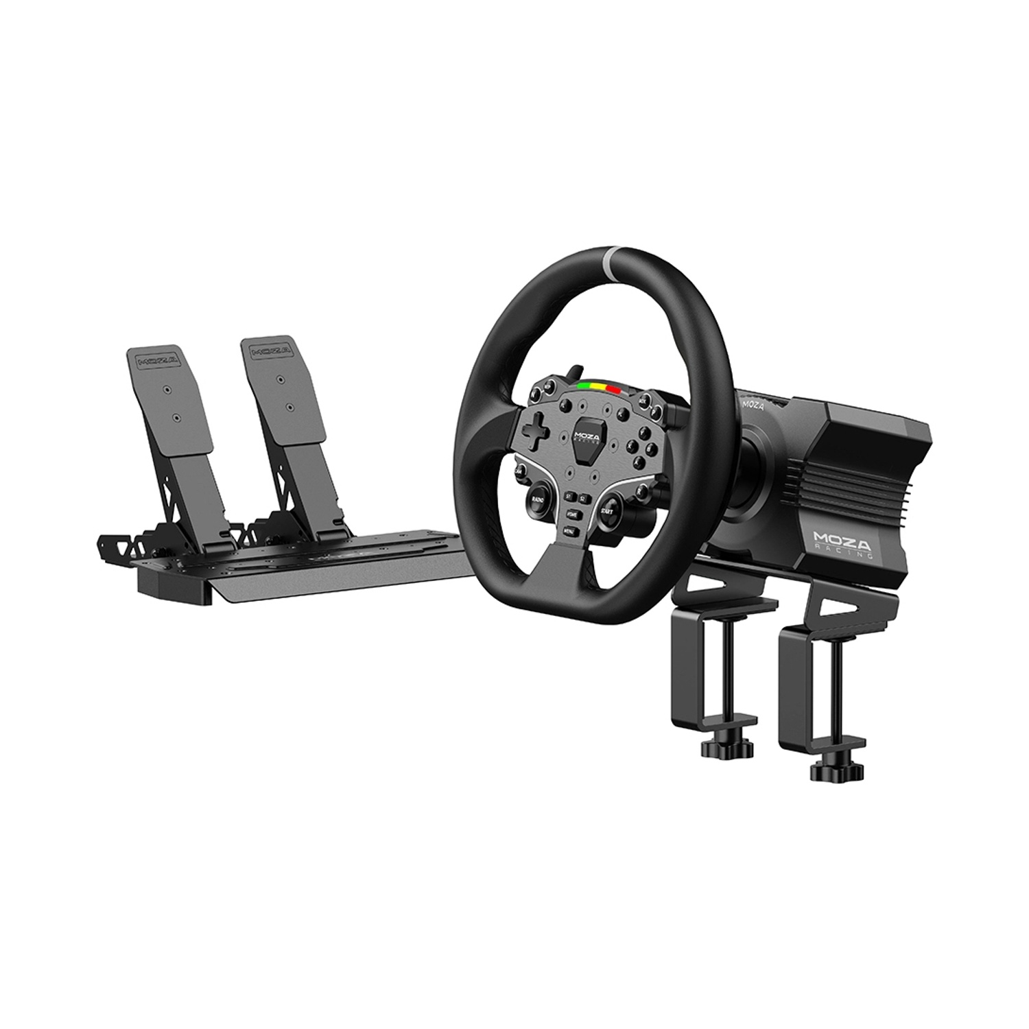 Ein schwarzes Rennlenkrad mit Pedalen, das an einem Schreibtisch befestigt ist.