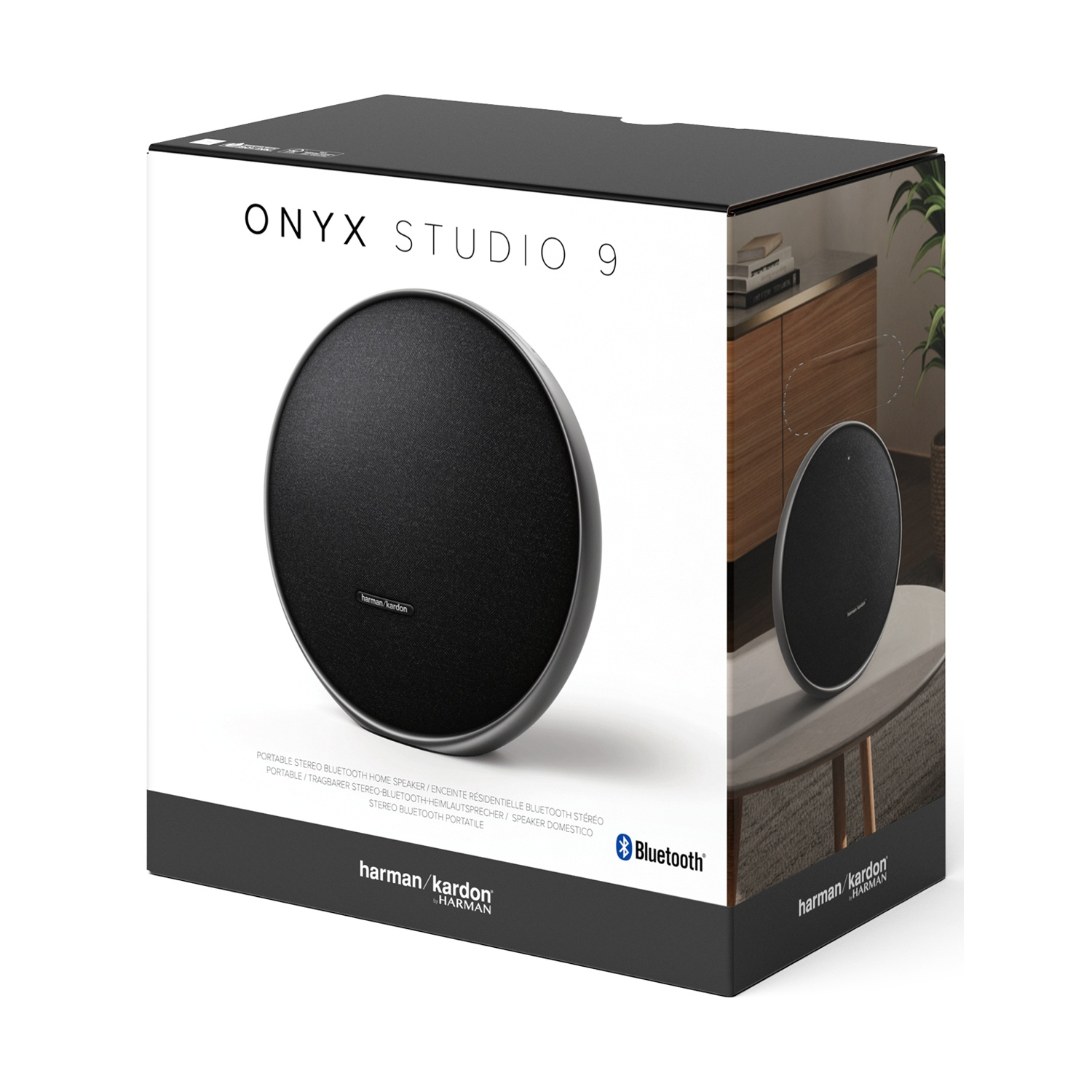 Verpackung des Onyx Studio 9 Bluetooth-Lautsprechers mit Harman Kardon Logo.