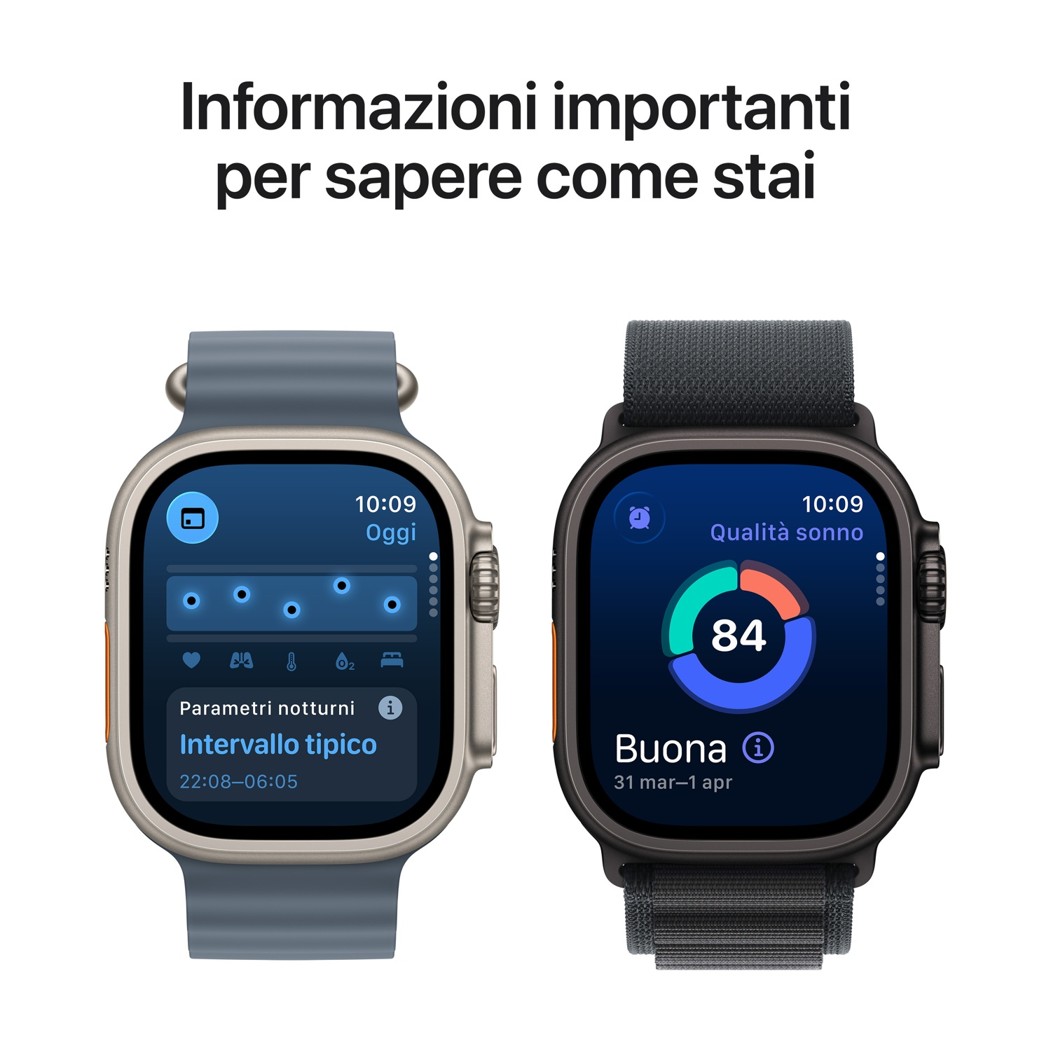 Dwa zegarki Apple Watch wyświetlają dane o śnie. Jeden pokazuje parametry i interwał, drugi jakość snu 84.