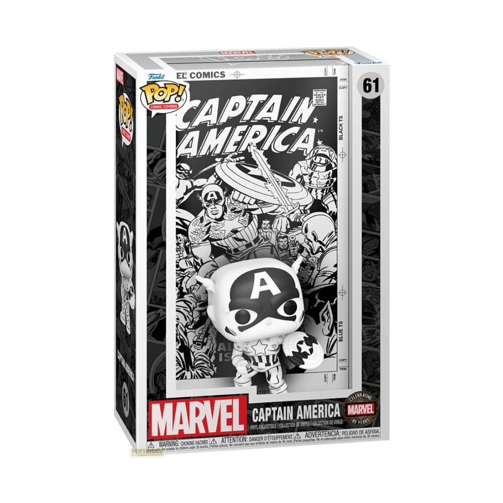 Una portada de cómic Funko Pop! de Capitán América en blanco y negro con figura.