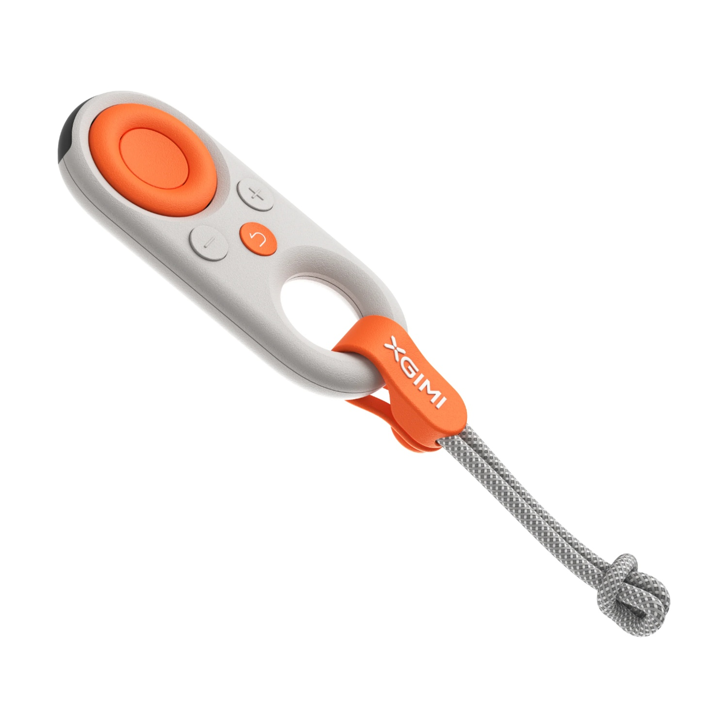Een grijze afstandsbedieningshandgreep met oranje knoppen en een koord.