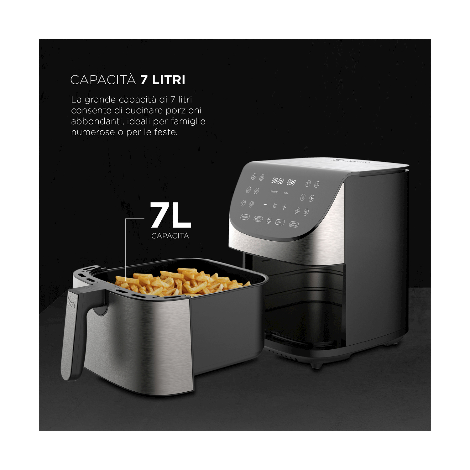 Una freidora de aire de acero inoxidable de 7L con cesta llena de patatas.