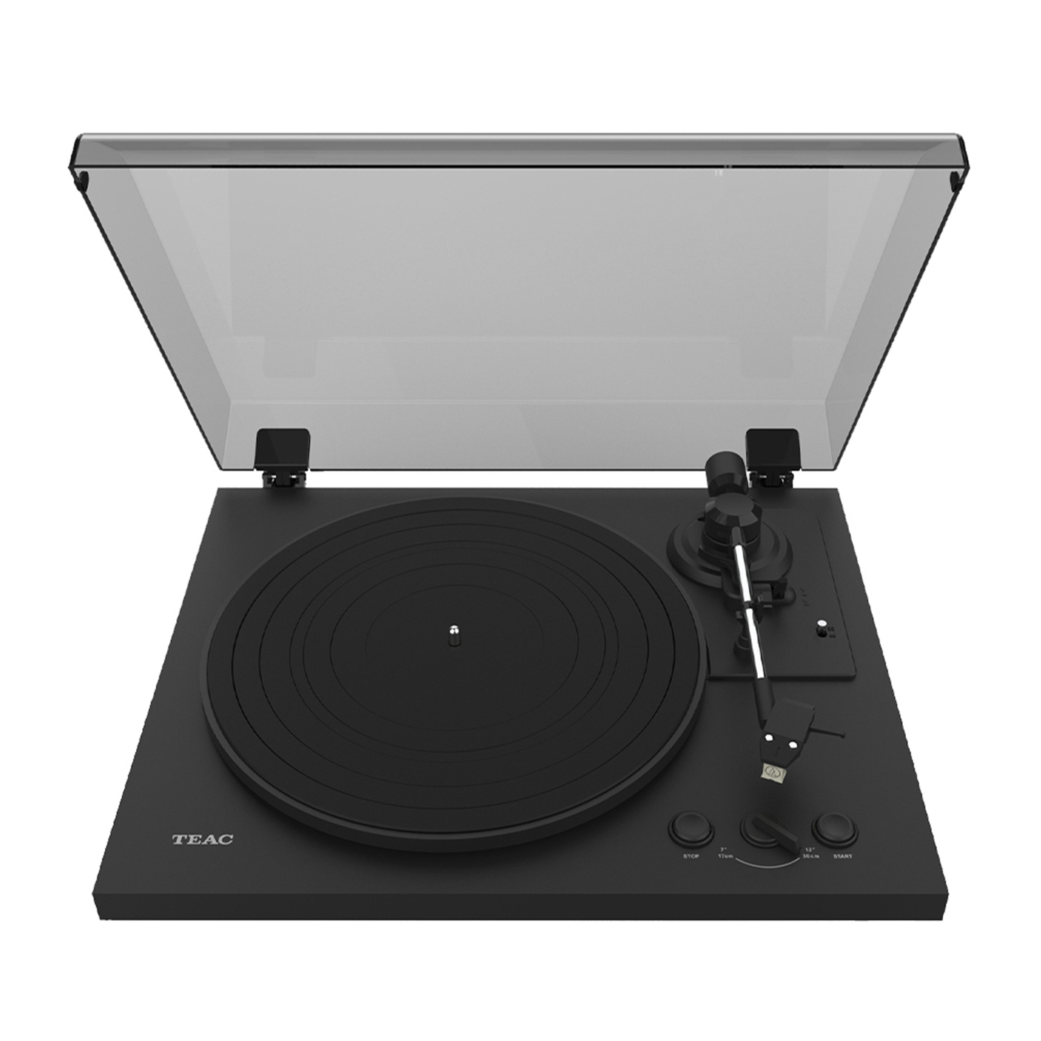 Schwarzer Plattenspieler mit geschlossener transparenter Abdeckung und Tonarm.