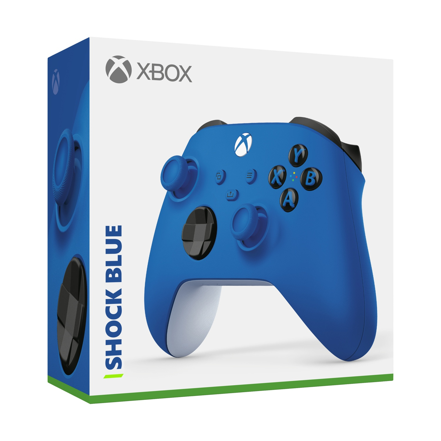Een schokblauwe Xbox controller doos met de voorkant van de controller.