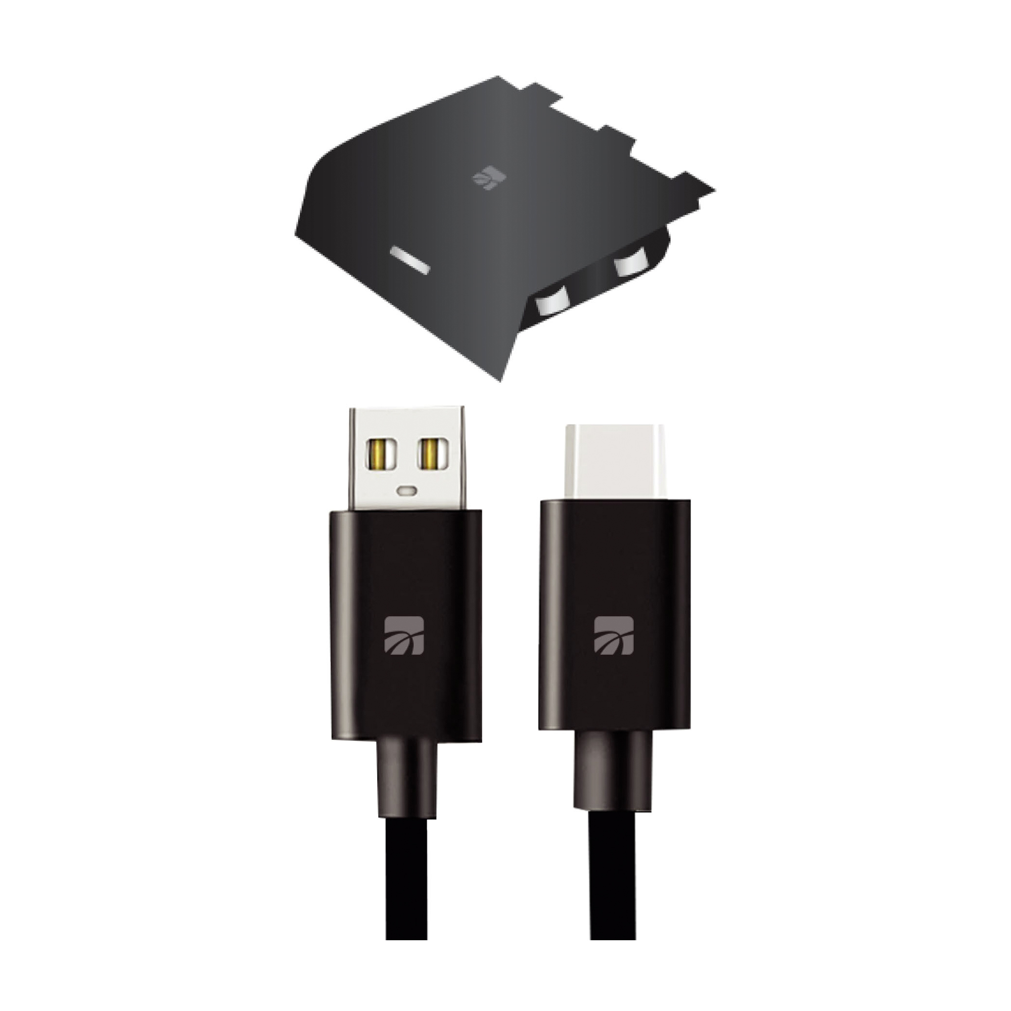 Een zwarte USB-A naar USB-C adapter en twee USB-kabels.