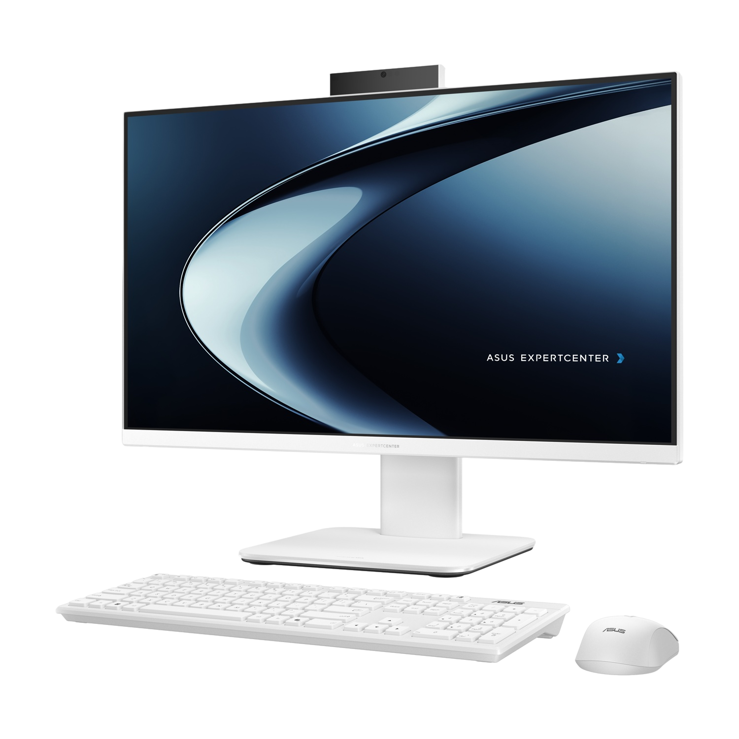 PC all-in-one bianco Asus con tastiera e mouse su superficie bianca. Schermo mostra onde blu.