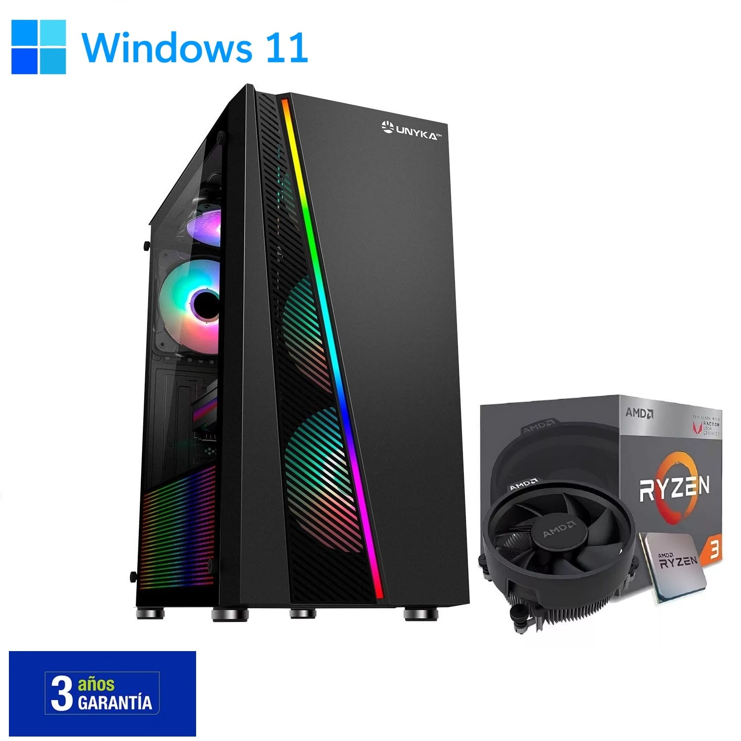 Torre de PC negra con iluminación RGB y caja de CPU AMD Ryzen 3 al lado.