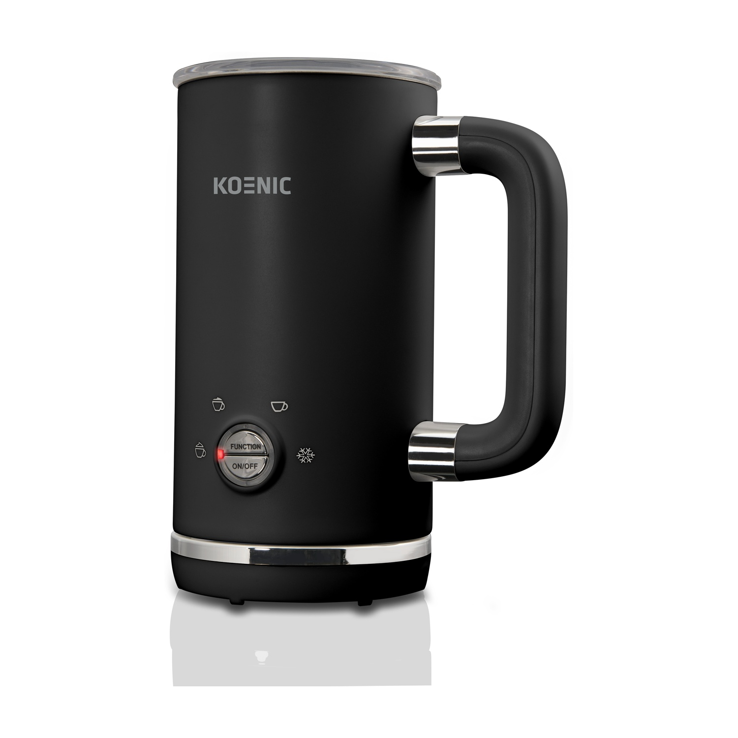 Espumador de leche eléctrico negro con asa y botones de control sobre fondo blanco.