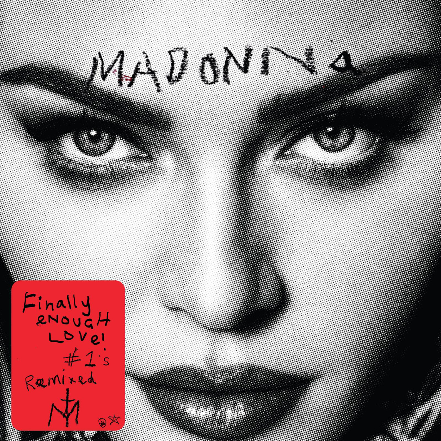 Volto di Madonna, adesivo "Finally Enough Love", mezzatinta bianco e nero.