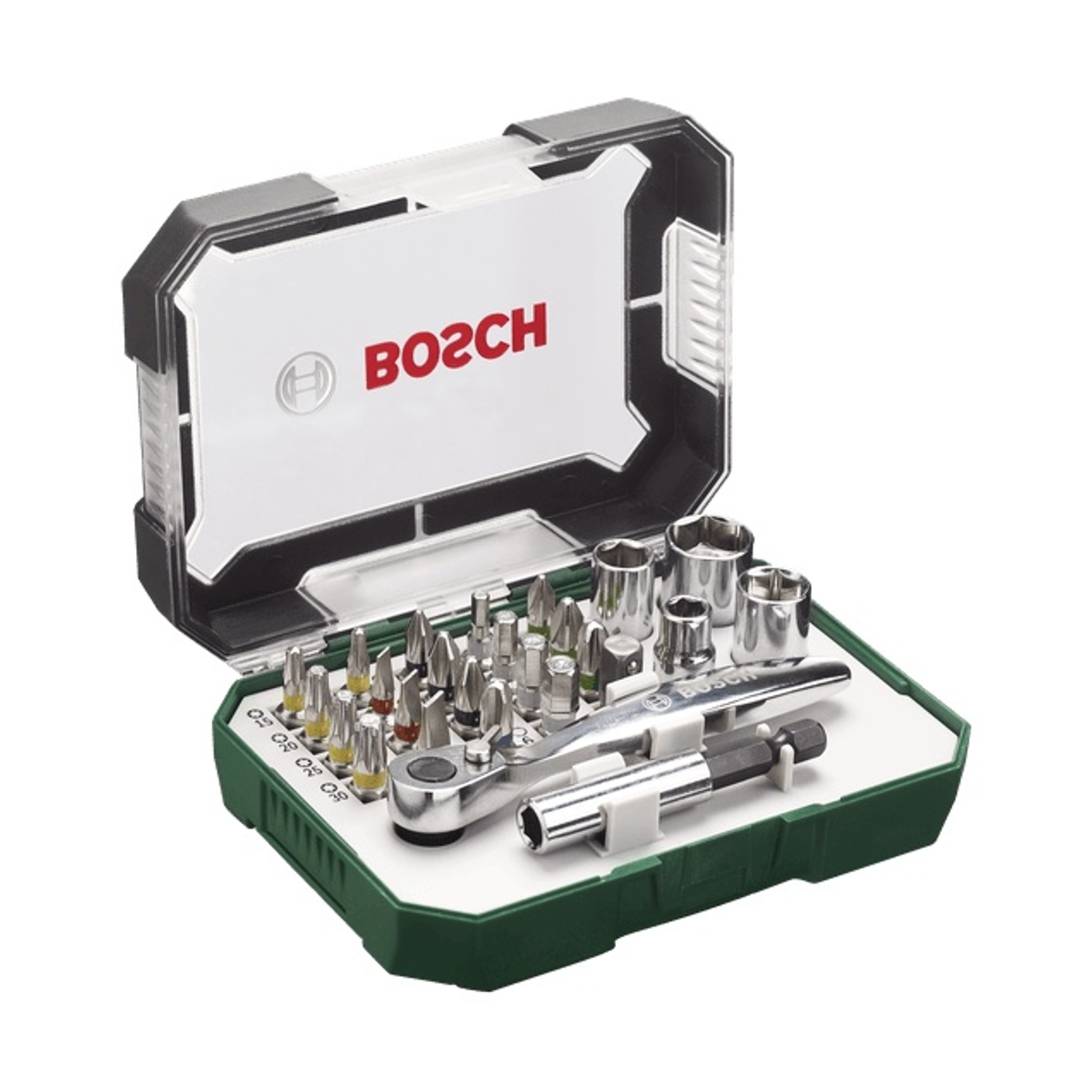 Valigetta Bosch aperta con punte e bussole assortite.