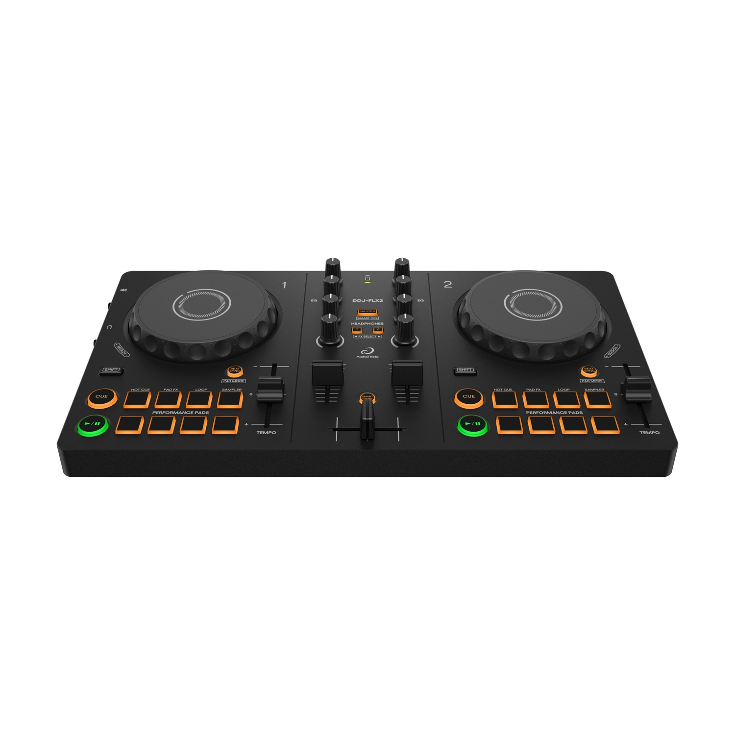 Controller DJ nero con due deck, jog wheel, pad e manopole.