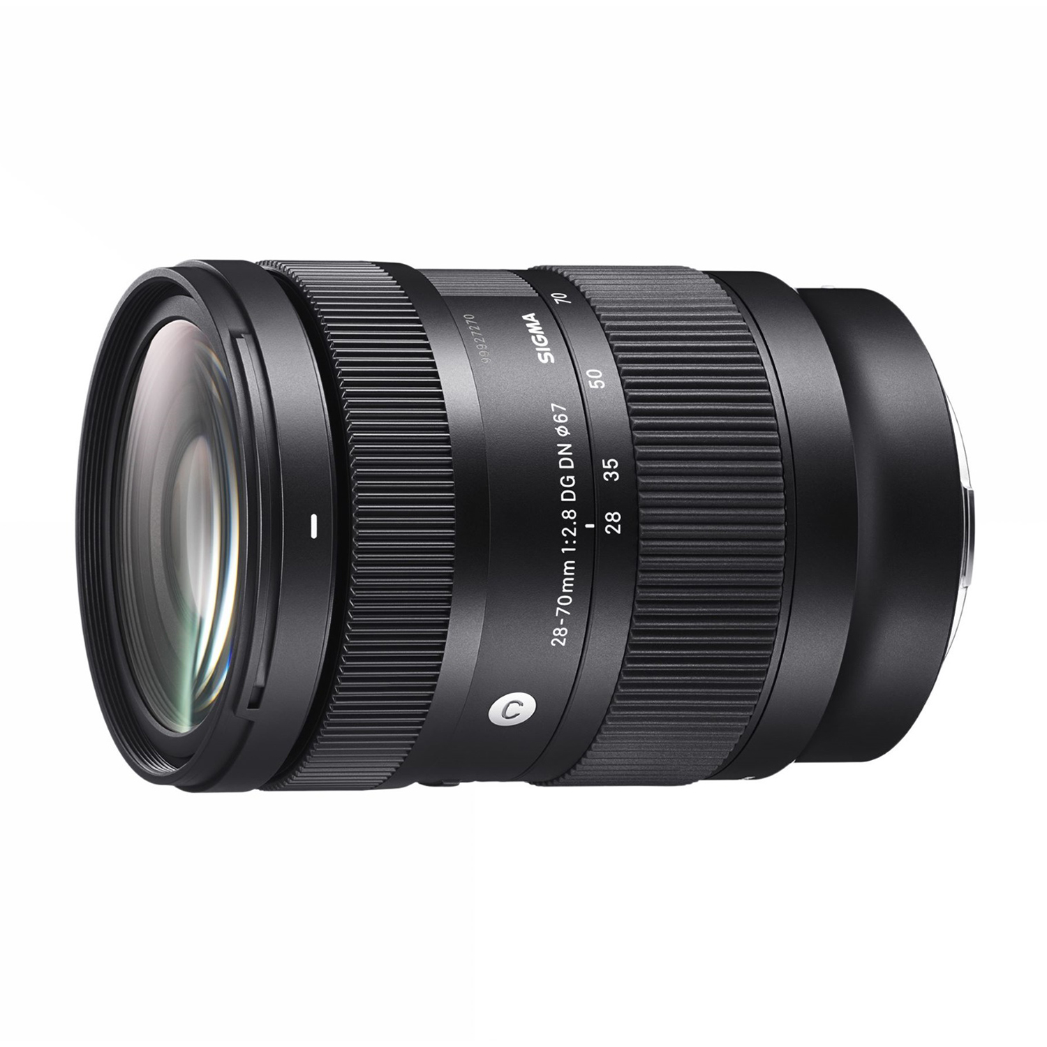 Obiettivo Sigma 28-70mm 1:2.8 DG DN nero con ghiera zoom e indicatori di messa a fuoco.