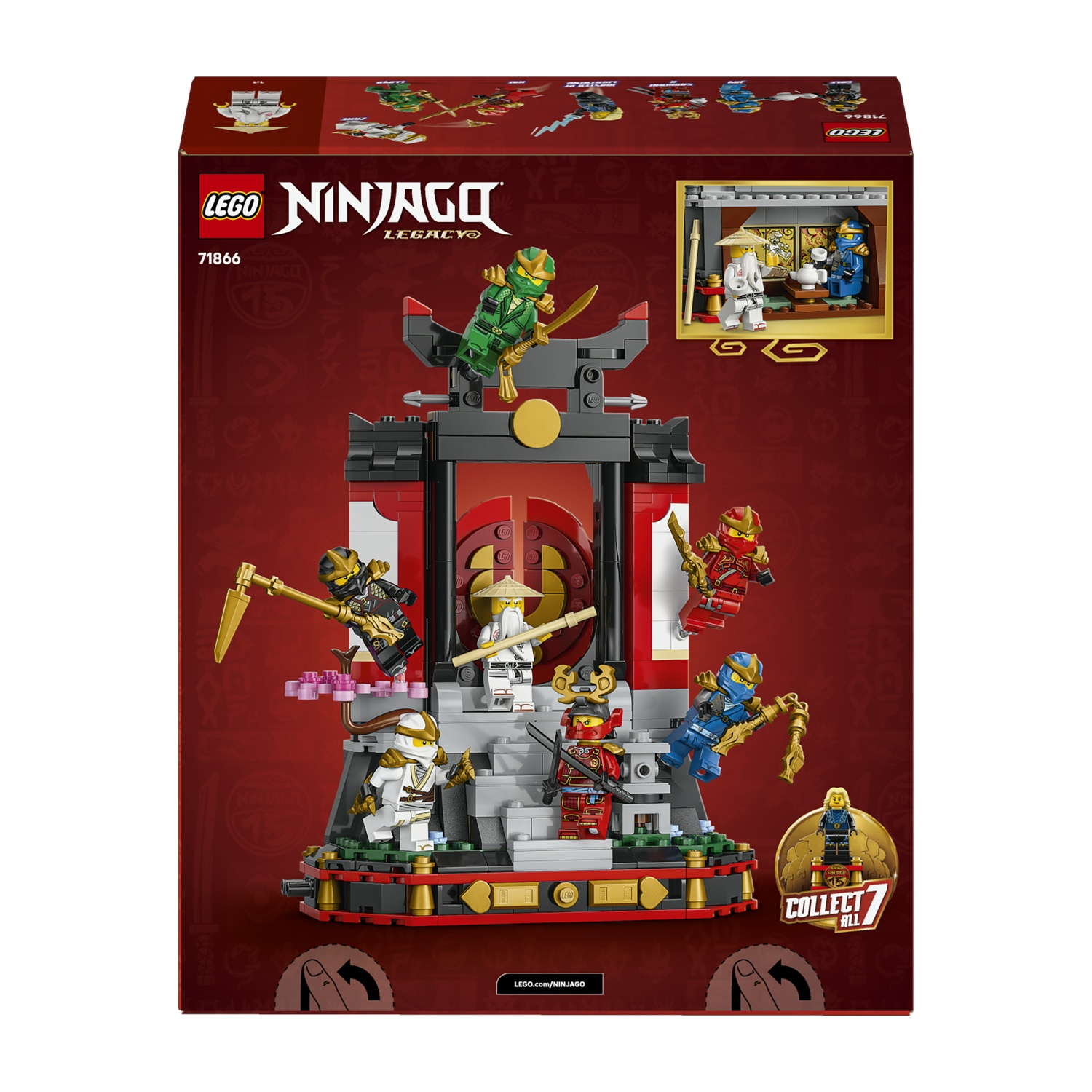 Set Lego Ninjago con figuras en acción sobre un fondo rojo.