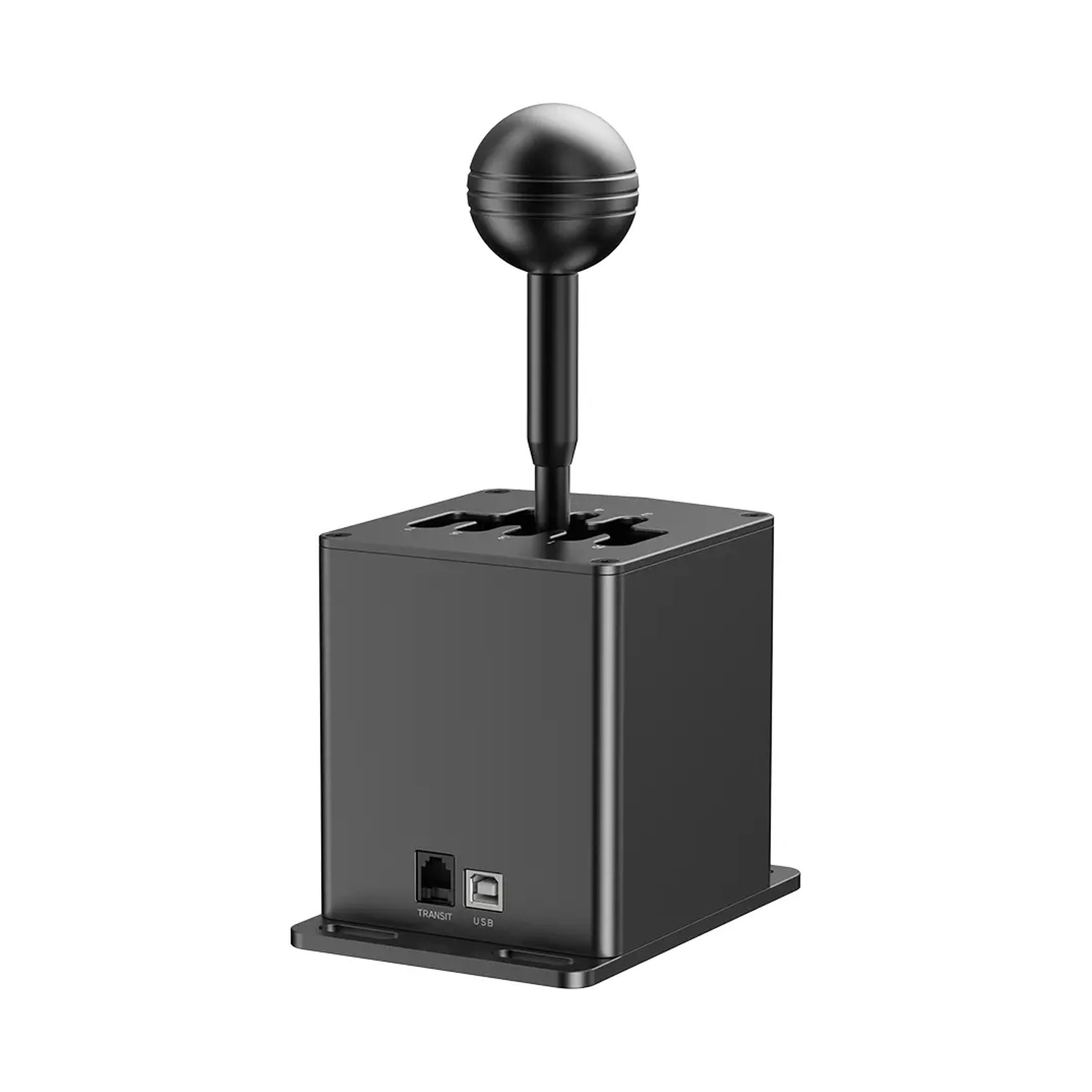 Un levier de vitesses noir avec pommeau sphérique et port USB.