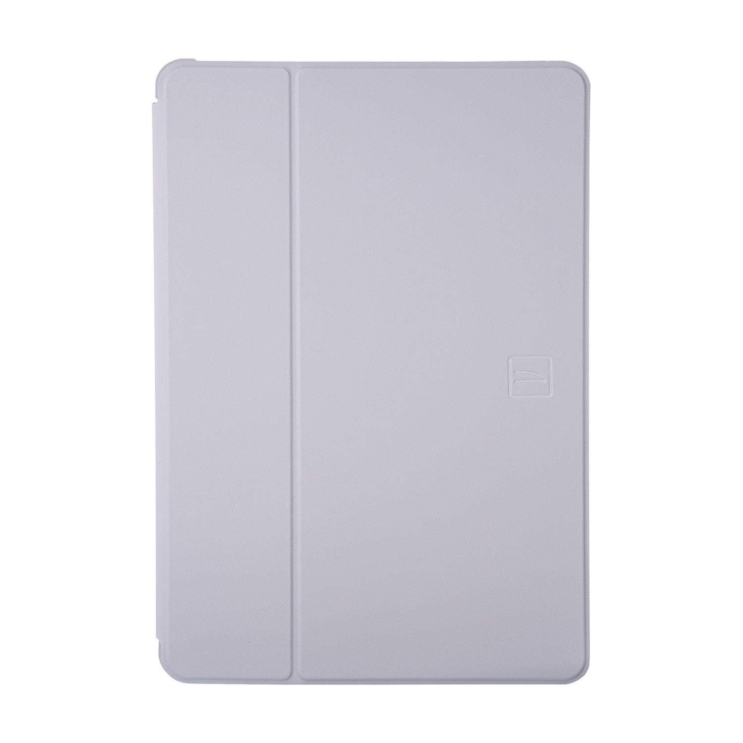Eine hellgraue Tablet-Hülle mit einer gefalteten Vorderseite und einem kleinen Logo.