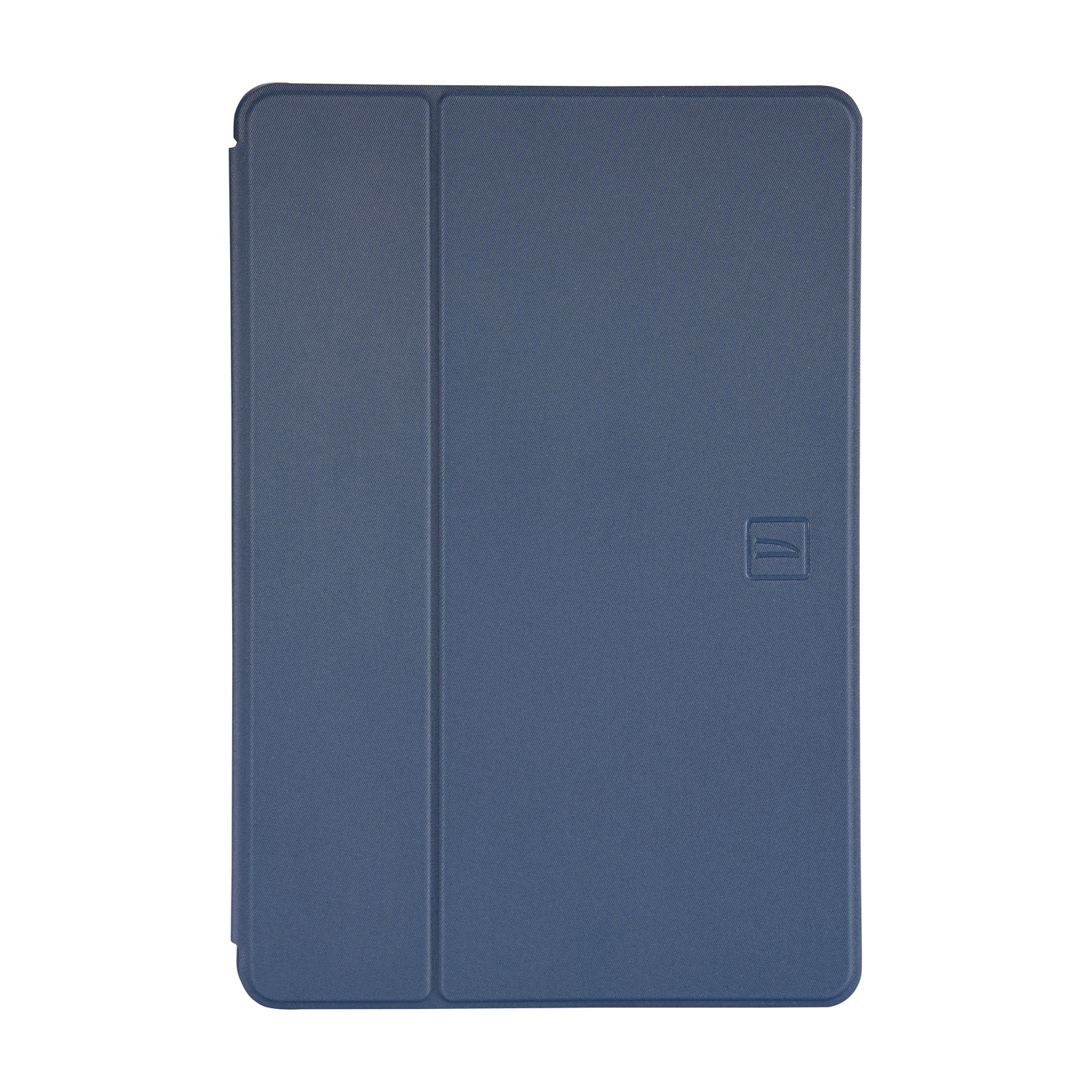 Dunkelblaue Tablet-Hülle mit Logo im Quadrat.