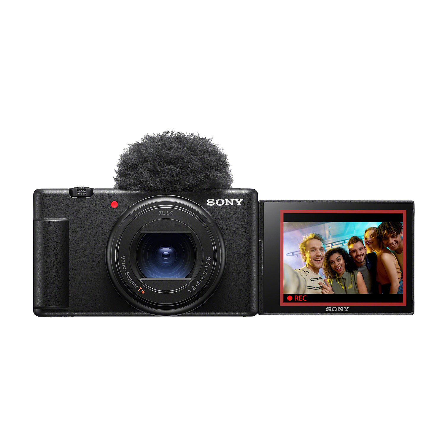 Czarny aparat Sony z mikrofonem i ekranem pokazującym grupę przyjaciół nagrywających.