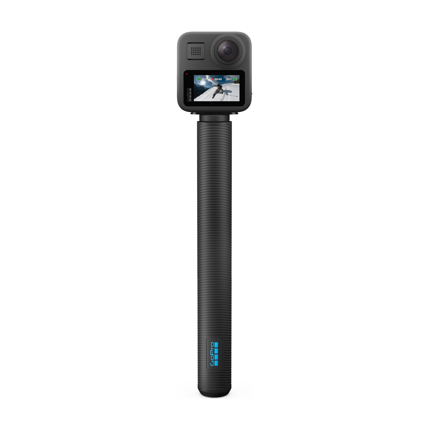 Schwarzer GoPro MAX 360 Kamera-Griff mit kleinem Bildschirm, der einen Skifahrer zeigt.