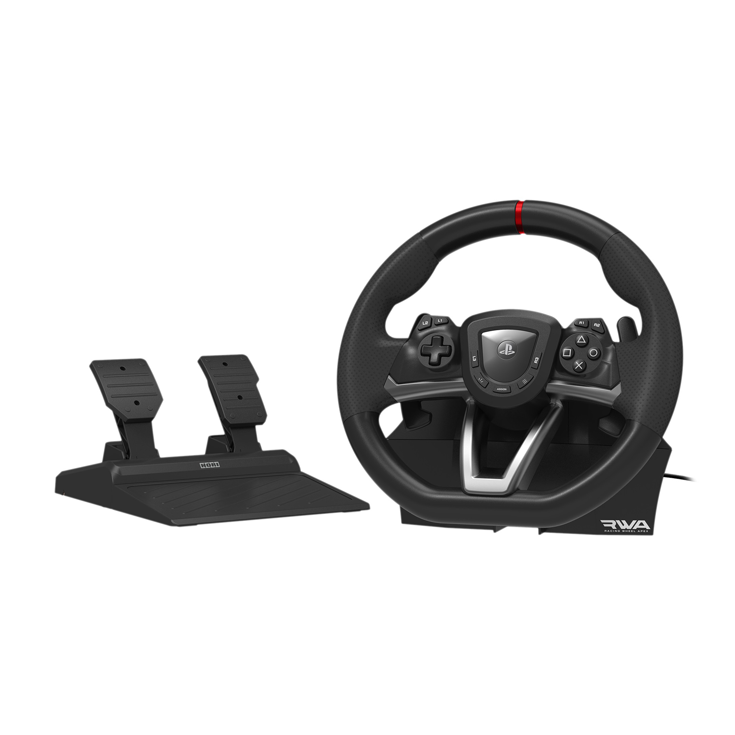 Zwart racestuur en Pedaalset met PlayStation-knoppen en rode streep.