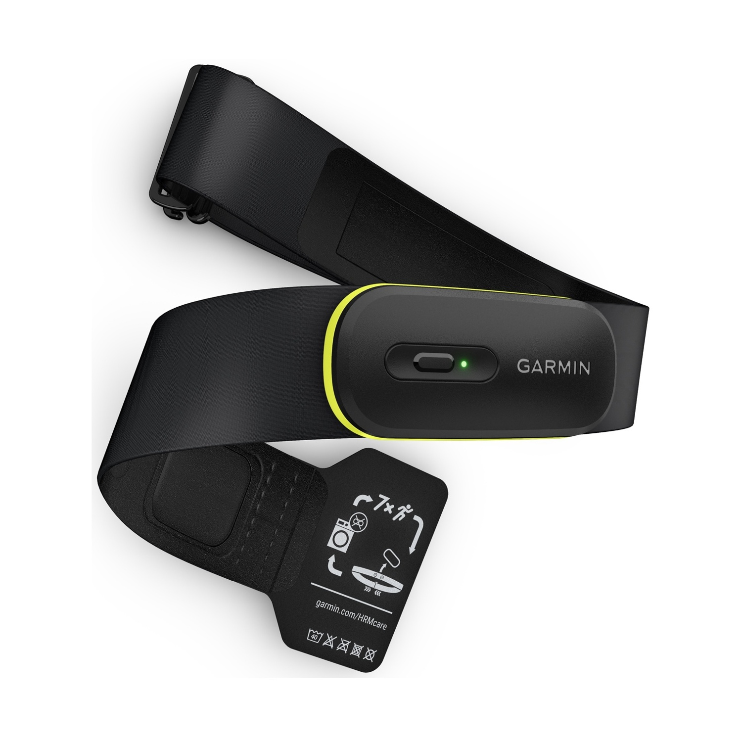 Una fascia nera per cardiofrequenzimetro Garmin con accento giallo e LED verde.
