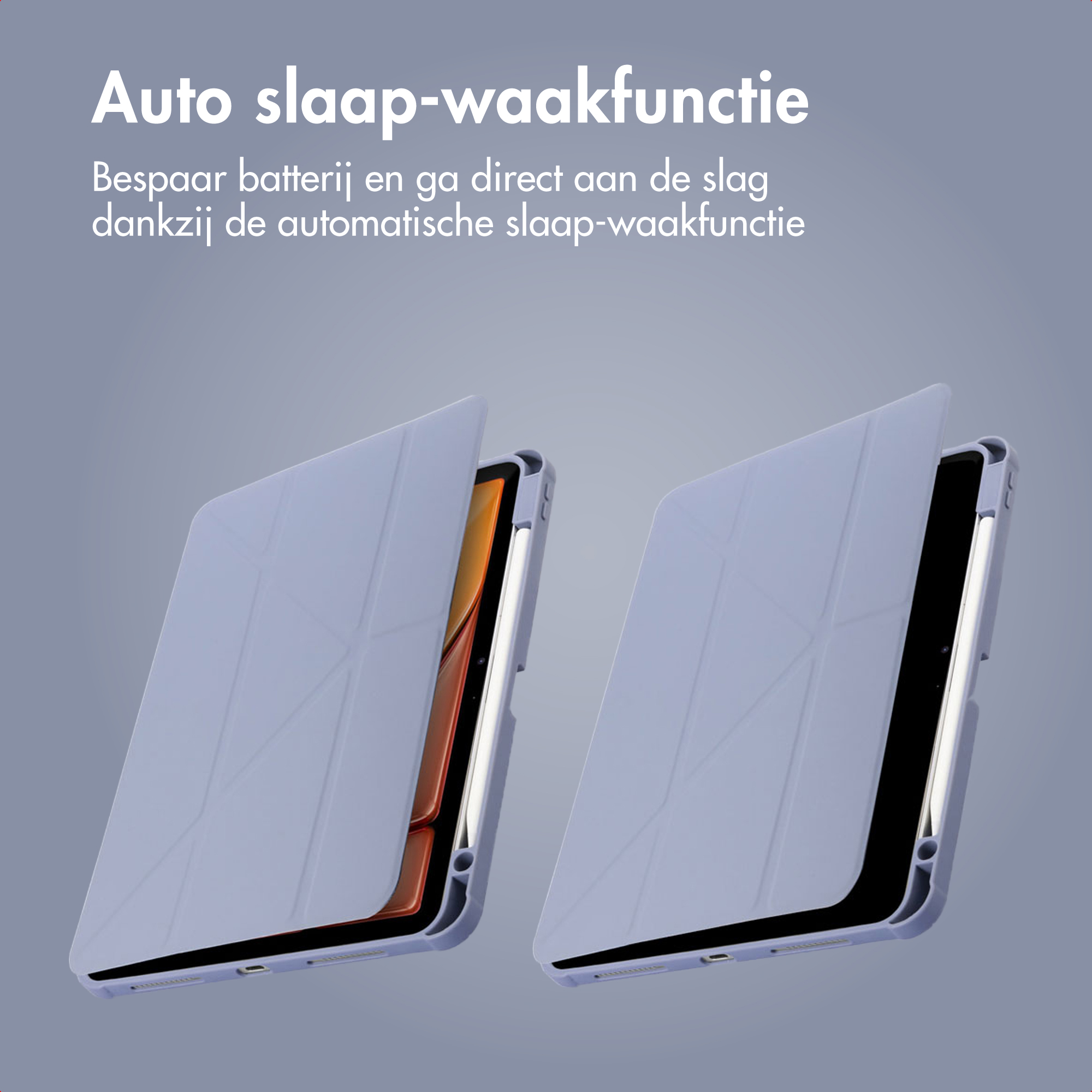 Two purple tablet cases with flip covers, one open.