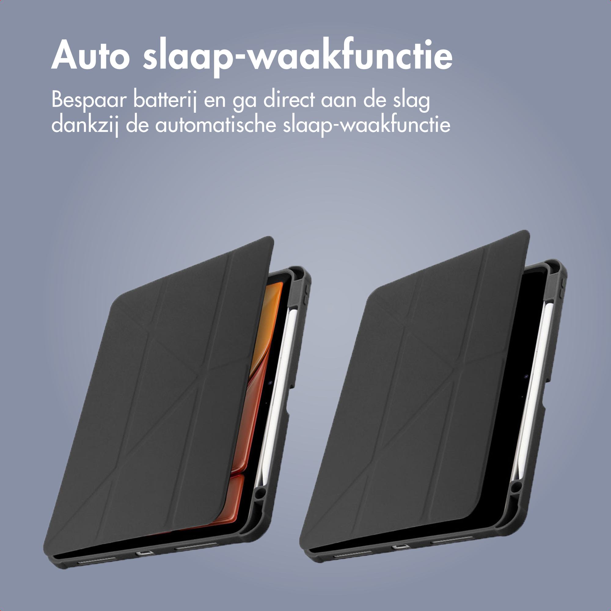 Deux étuis pour tablette noirs avec rabat sur fond gris.